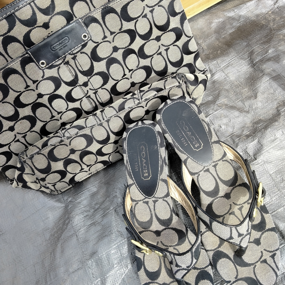 Coach Black and Cream Tote with Sandals